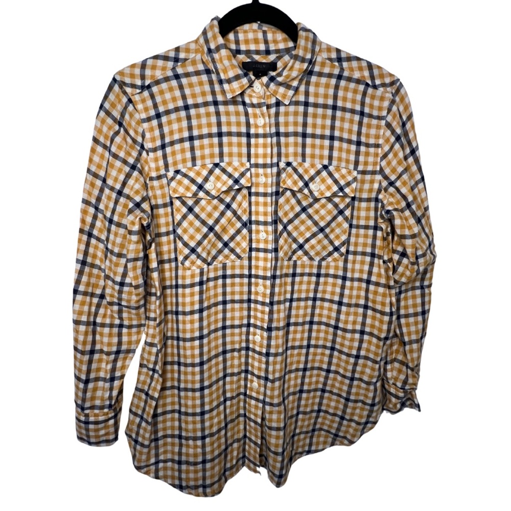 EUC Women’s J Crew Yellow & Navy Plaid Flannel Shirt Size 4
